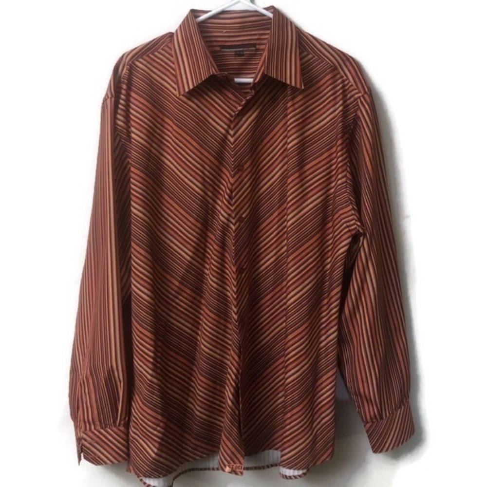 Moto Mens Button Up Dress Shirt Striped Orange Xl